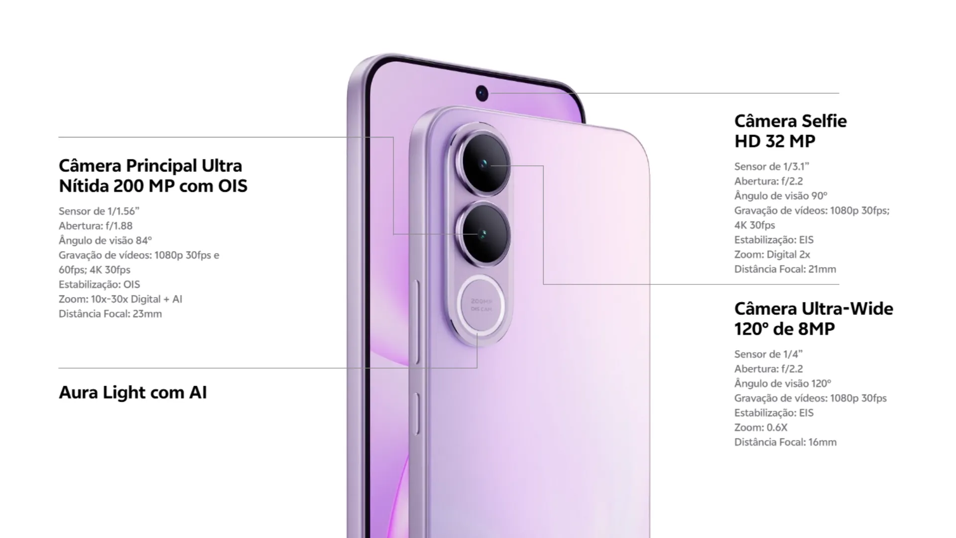 Smartphone JOVI V70 em destaque mostrando câmeras traseiras e especificações técnicas detalhadas