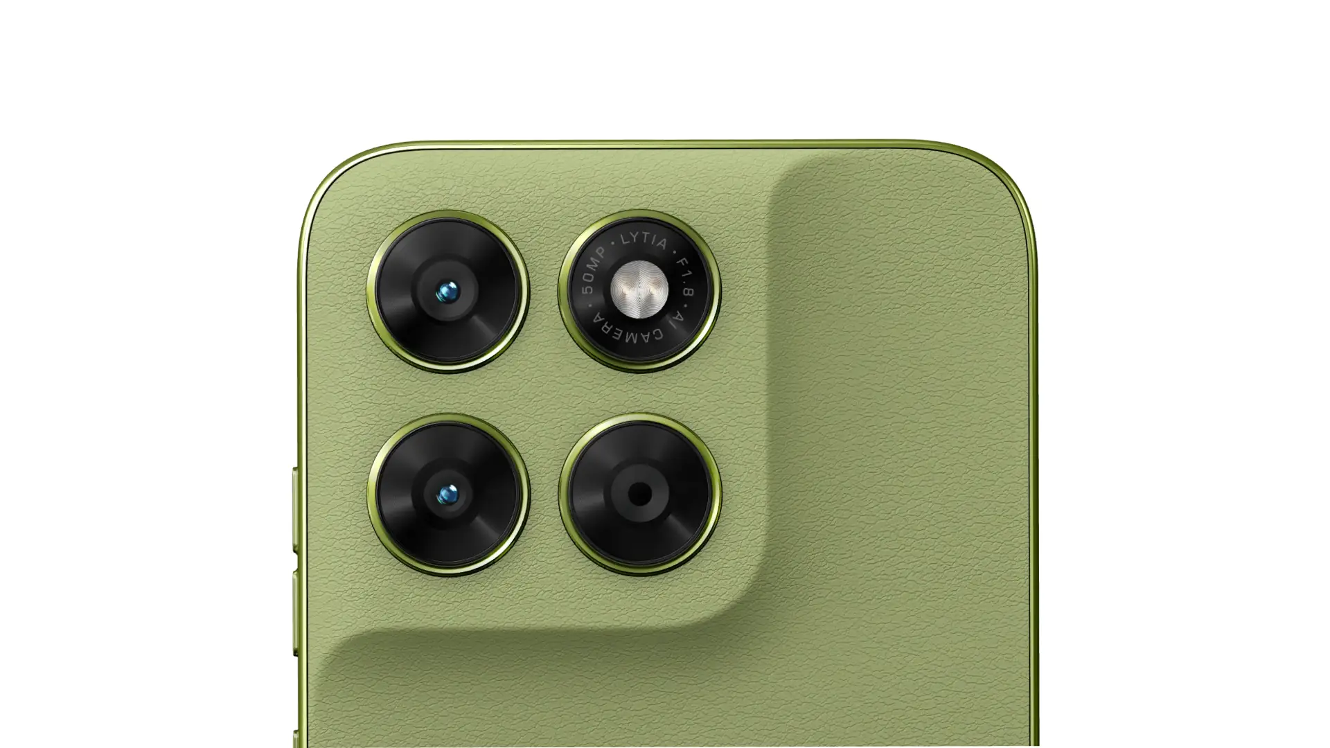 Módulo de câmera traseira do Moto G67 em painel verde texturizado, com lente principal de 50MP