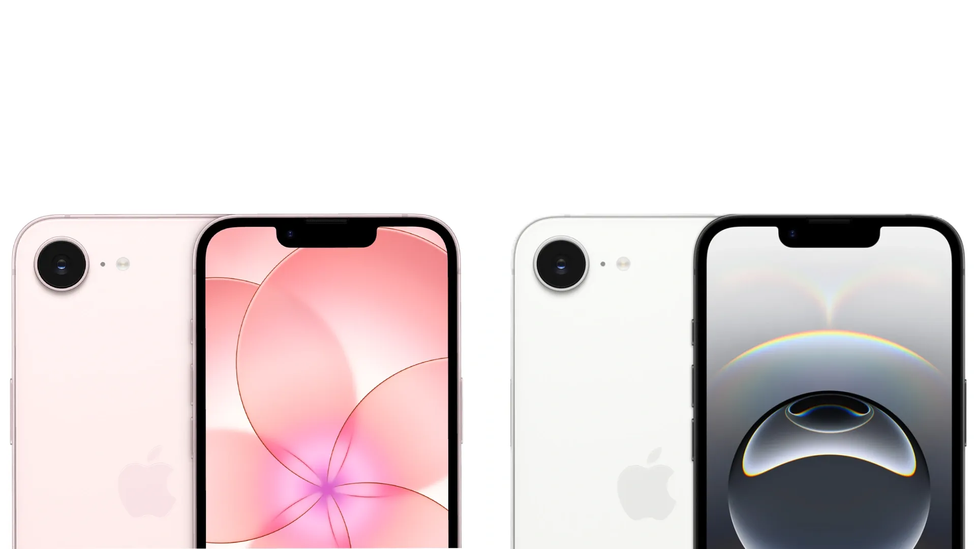 Comparação do design traseiro e frontal do iPhone 17e e do iPhone 16e, destacando a câmera única em cada modelo