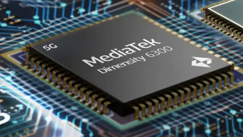Chip MediaTek Dimensity 6300 com iluminação azul e laranja em placa eletrônica