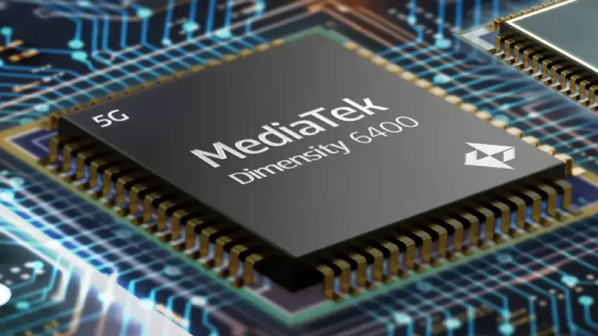 Chip MediaTek Dimensity 6400 com iluminação em placa eletrônica, indicando suporte a 5G