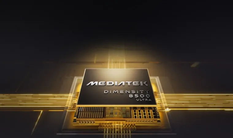 Chip MediaTek Dimensity 8500 Ultra em fundo estilizado dourado, com circuitos destacados