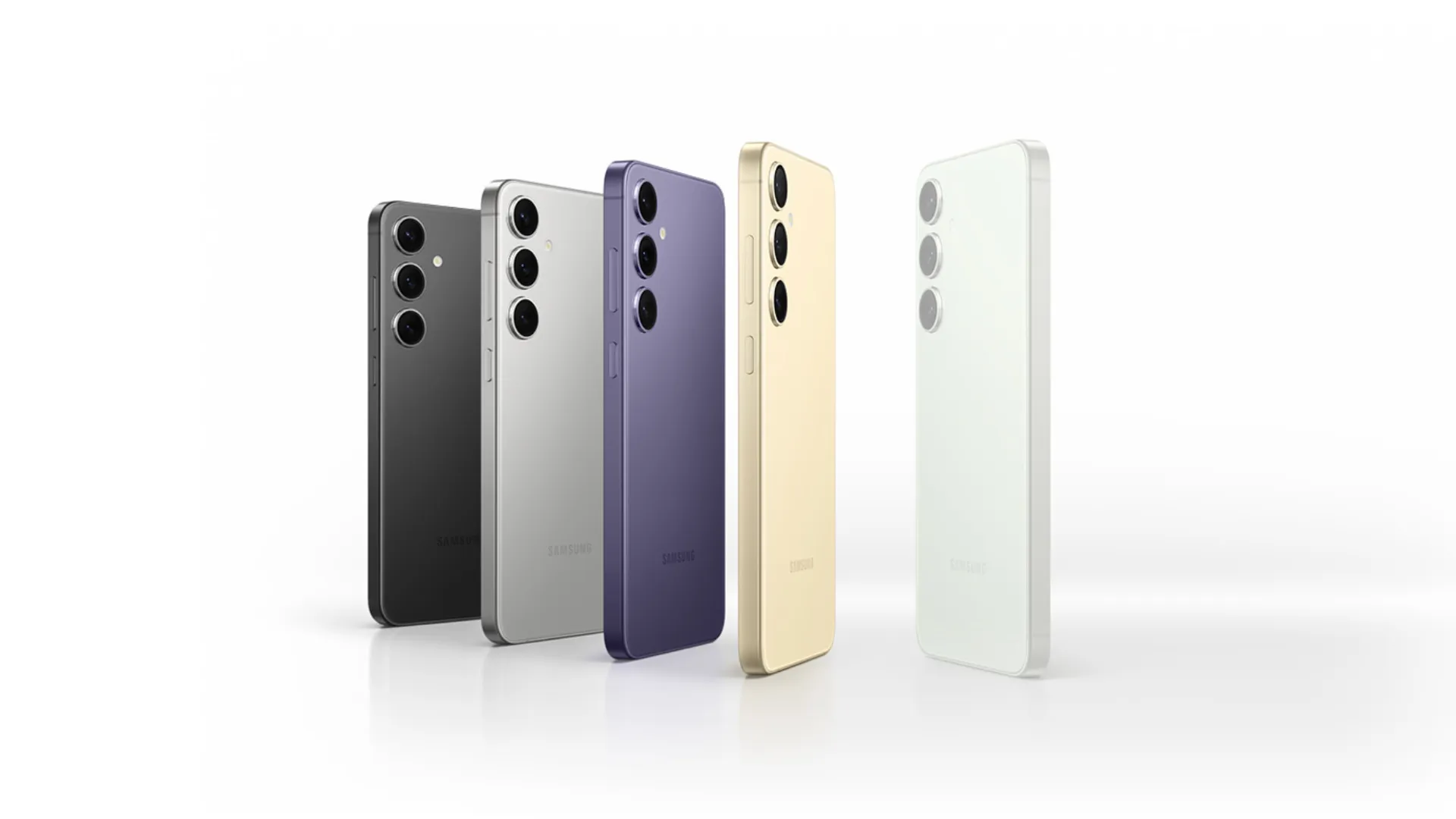 Samsung Galaxy S24 em diferentes cores mostrando o design traseiro com três câmeras alinhadas