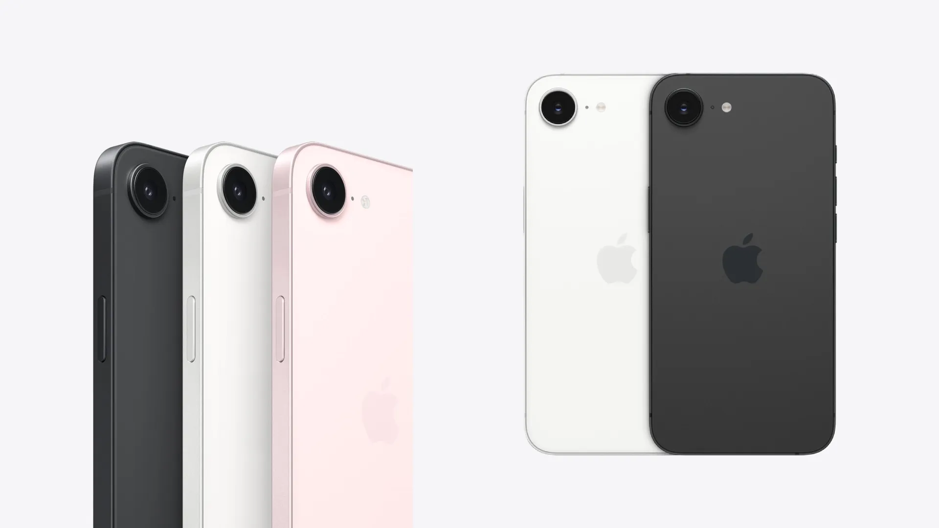 iPhone 17e e iPhone 16e exibidos em diferentes cores, mostrando o design traseiro minimalista com uma única câmera