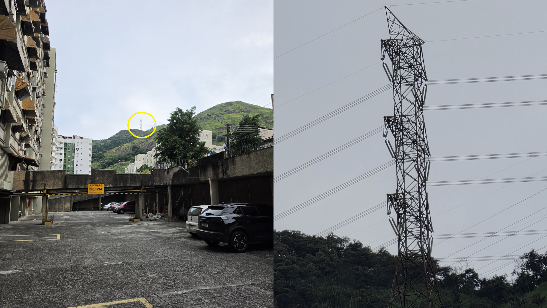 Imagem dividida exibindo à esquerda a distancia original de uma torre de comunicação e à direita com o zoom 100x exibindo a torre