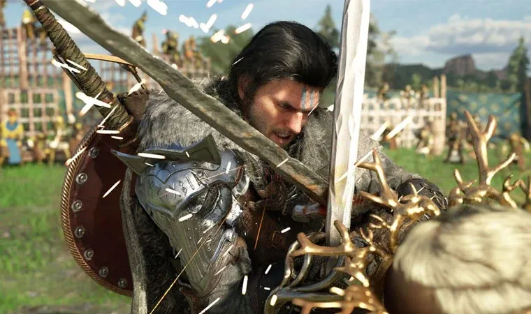 Imagem do jogo Crimson Desert com o protagonista Kliff travando sua espada com um inimigo em um ângulo de visão próximo