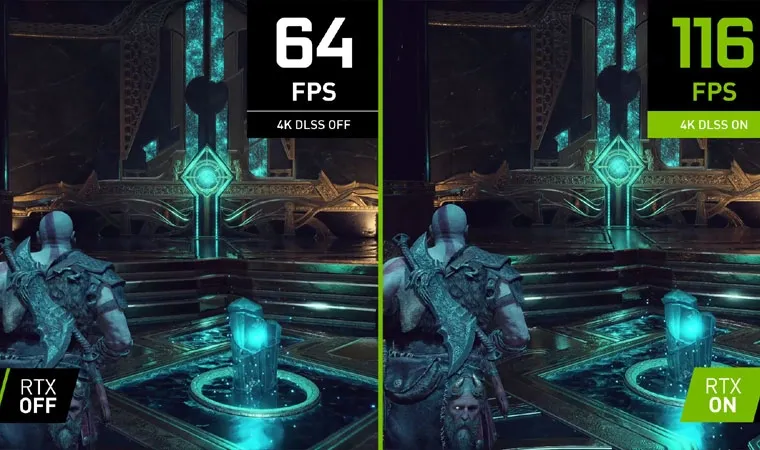 Imagem do God of War dividida: à esquerda menor FPS, sem Ray Tracing e DLSS 4 desligado; à direita, detalhes e FPS maiores com DLSS 4 ligado.