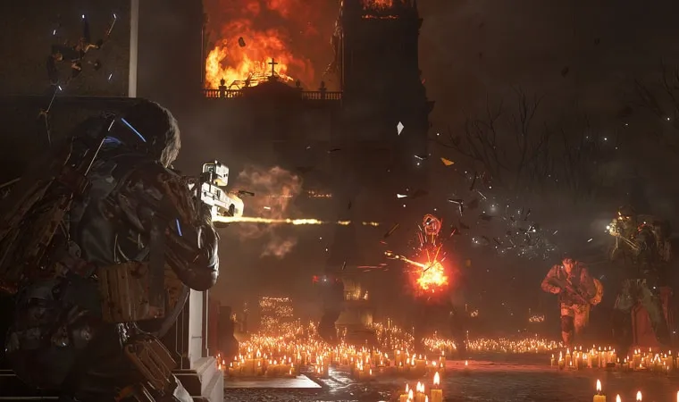 Imagem do jogo Death Stranding 2: On the Beach exibindo o protagonista se protegendo enquanto atira contra inimigos ao fundo