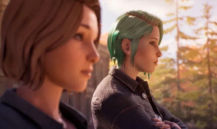Imagem do jogo Life is Strange: Reunion com uma foto aproximada do rosto de Max e Chloe ao fundo, sentadas lado a lado