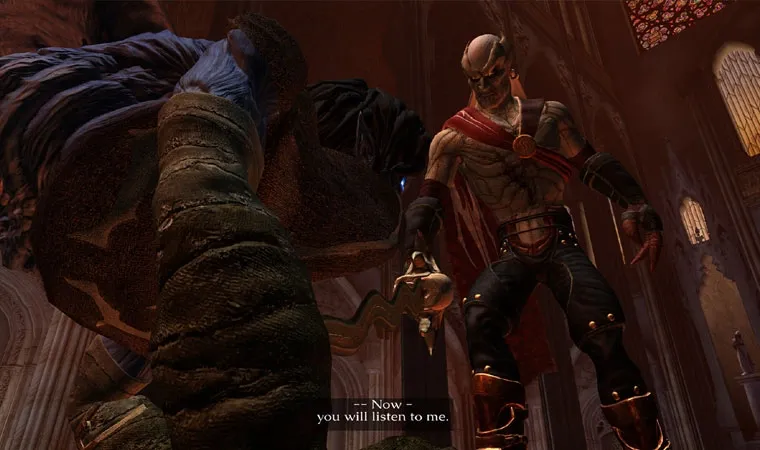 Imagem do jogo Legacy of Kain: Defiance remastered mostrando o personagem Kain ameaçando Raziel com a espada Soul Reaver