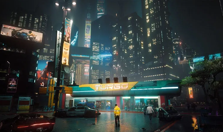 Imagem do jogo Cyberpunk 2077 mostrando o protagonista com fundo da cidade de Night City iluminada por luzes de nêon 