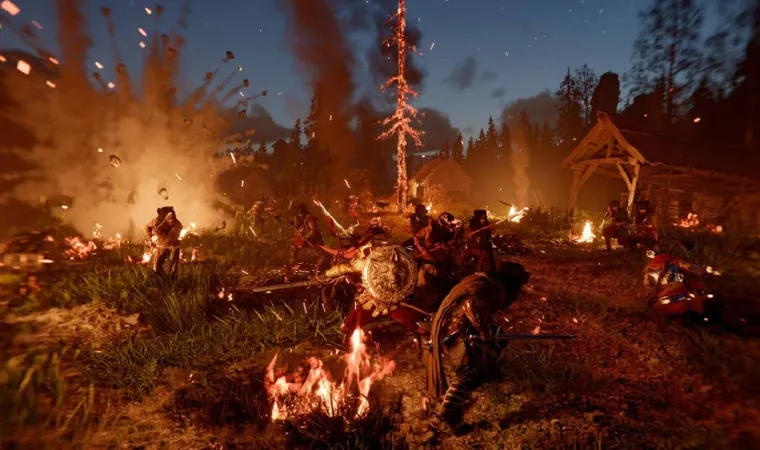 Imagem do jogo Crimson Desert durante uma grande batalha à noite com diversos guerreiros, fogo, explosões, iluminação avermelhada e Kliff no centro da ação