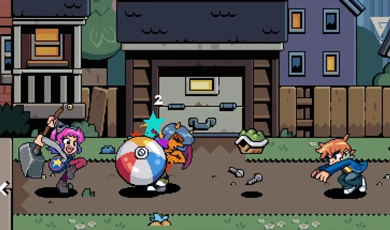 Imagem do jogo Scott Pilgrim Ex mostrando Ramona jogando uma bola em um demônio e Scott arremessando um casco de tartaruga