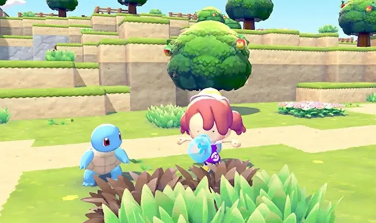 Imagem do jogo Pokémon Pokopia mostrando um Ditto transformado em humano cuspindo água para regar plantas com um Squirtle