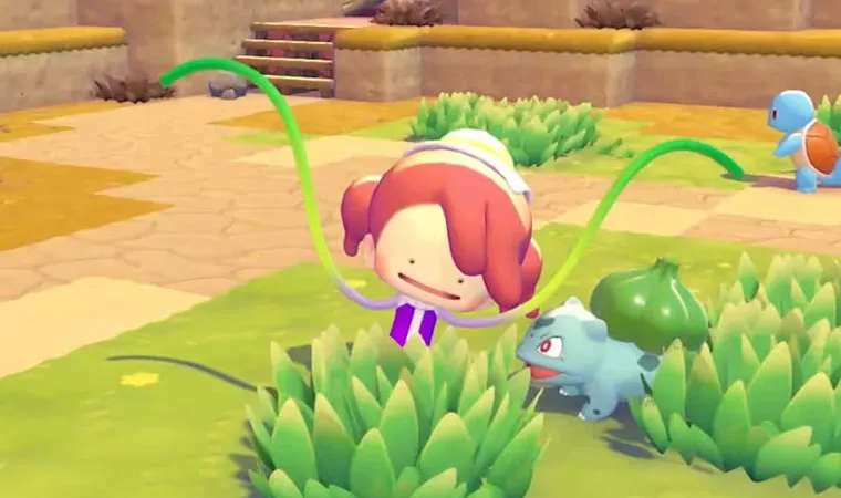 Imagem do jogo Pokémon Pokopia exibindo um Ditto transformado em humano com vinhas de cipó como braços junto de um Bulbasaur 