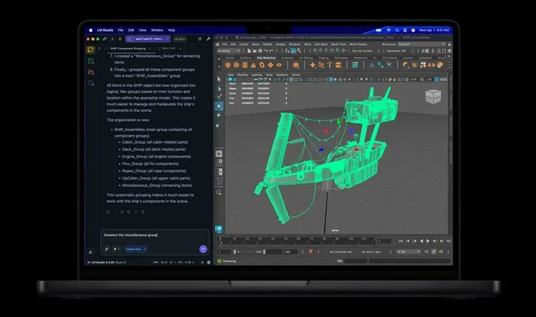 Imagem de um modelo 3D de um navio, ainda em polígonos crus e verdes, sendo modelado com a ajuda de inteligência artificial