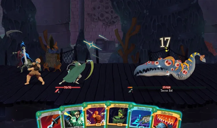 Imagem do jogo Slay the Spire 2 mostrando guerreiros enfrentando um monstro com um leque de seis cartas de ação