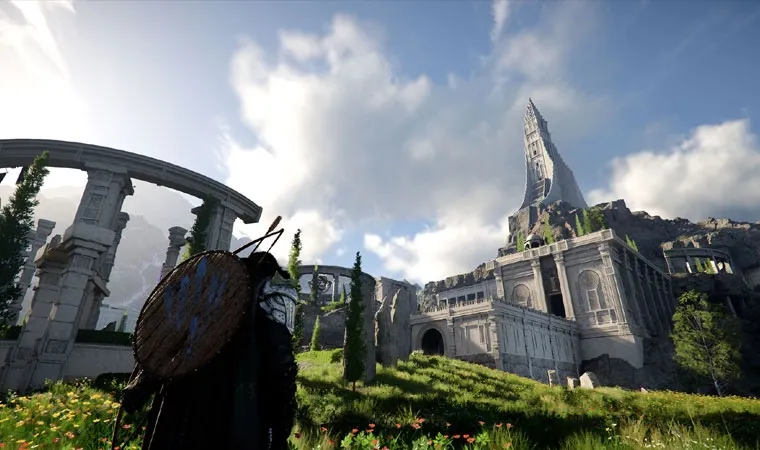 Imagem do jogo Crimson Desert com o protagonista Kliff na base de uma colina observando um grande castelo distante