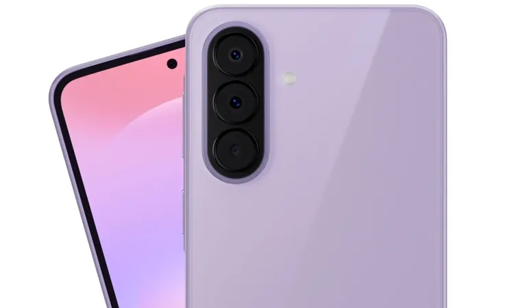 Samsung Galaxy A37 5G na cor Lavender visto de frente e por trás, destacando o acabamento glossy e a ilha de câmeras tripla