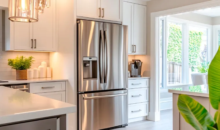 geladeira grande french door cor inox em uma cozinha moderna.