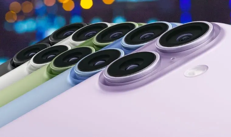 Montagem com luzes ao fundo mostra a parte frontal do iPhone 17 em diversas cores, com destaque para as câmeras.