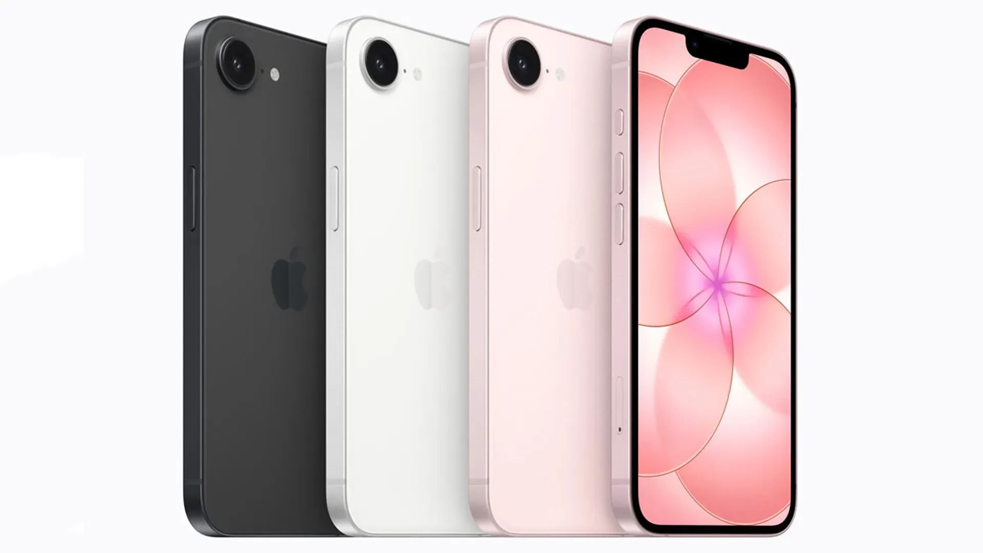 Imagem do iPhone 17e nas cores preto, branco e rosa-pálido, mostrando parte traseira e frontal do aparelho.