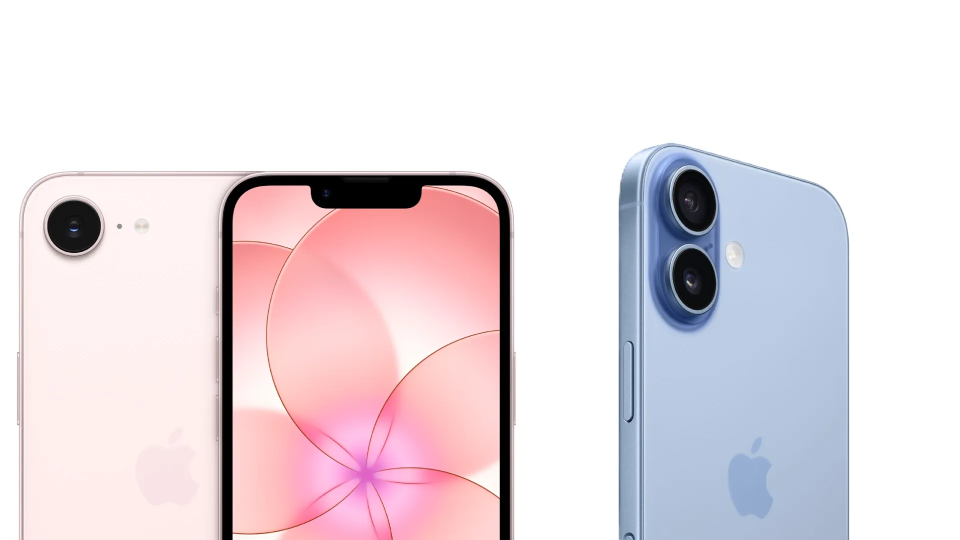 Três iPhones lado a lado, mostrando diferenças no design e nas câmeras traseiras e frontais.