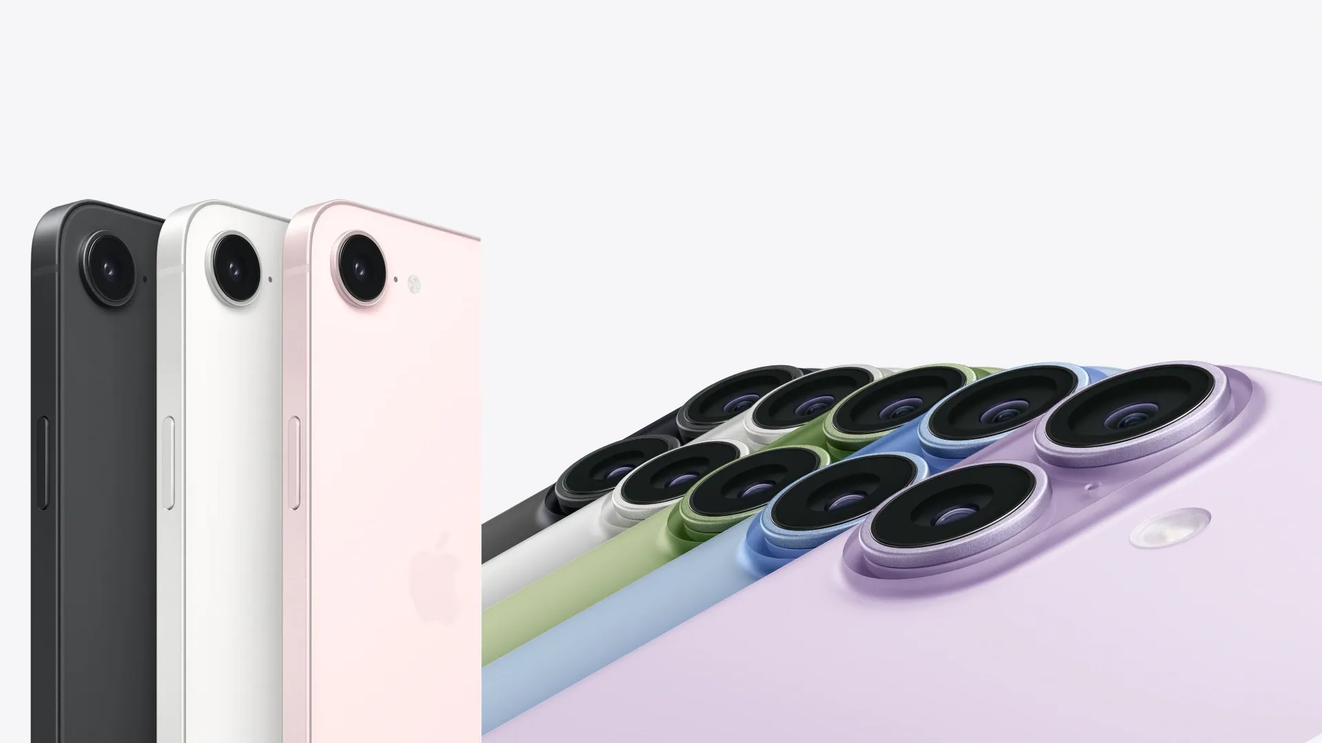 Parte traseira do iPhone 17e com câmera única e do iPhone 17 com câmera dupla em diferentes cores.