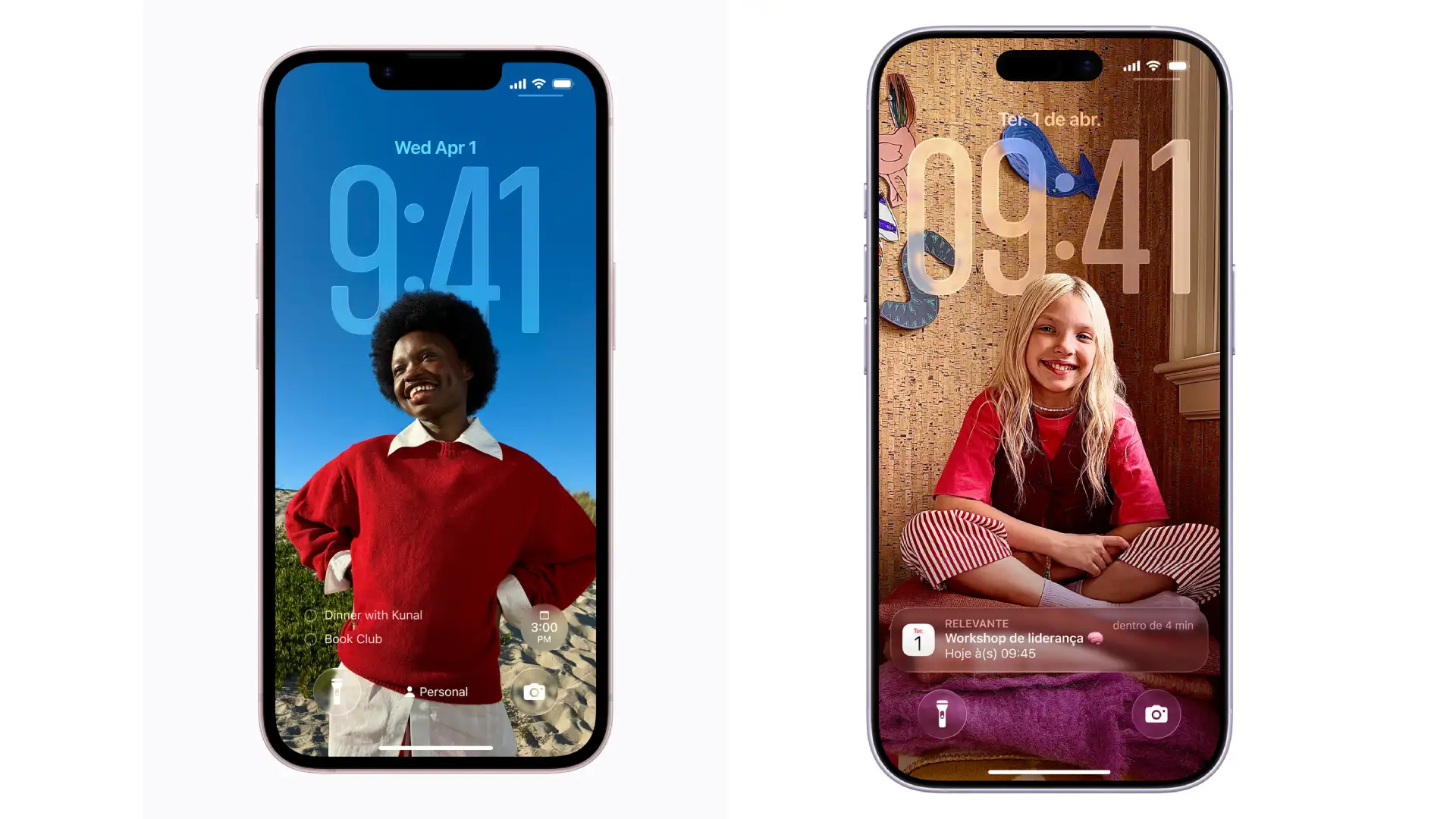 Tela do iPhone 17e com notch e tela do iPhone 17 com Dynamic Island exibidas lado a lado.