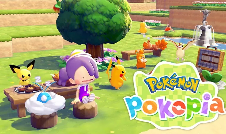 Imagem do jogo Pokémon Pokopia exibindo um Ditto transformado em humano sentado em uma mesa enquanto vários outros pokémon relaxam ao seu redor.