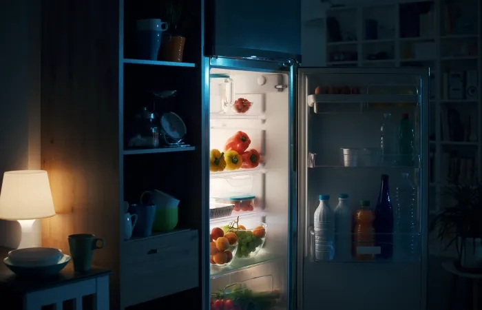 Imagem de uma geladeira aberta com sua luz acesa dentro de uma cozinha que está com as luzes apagadas