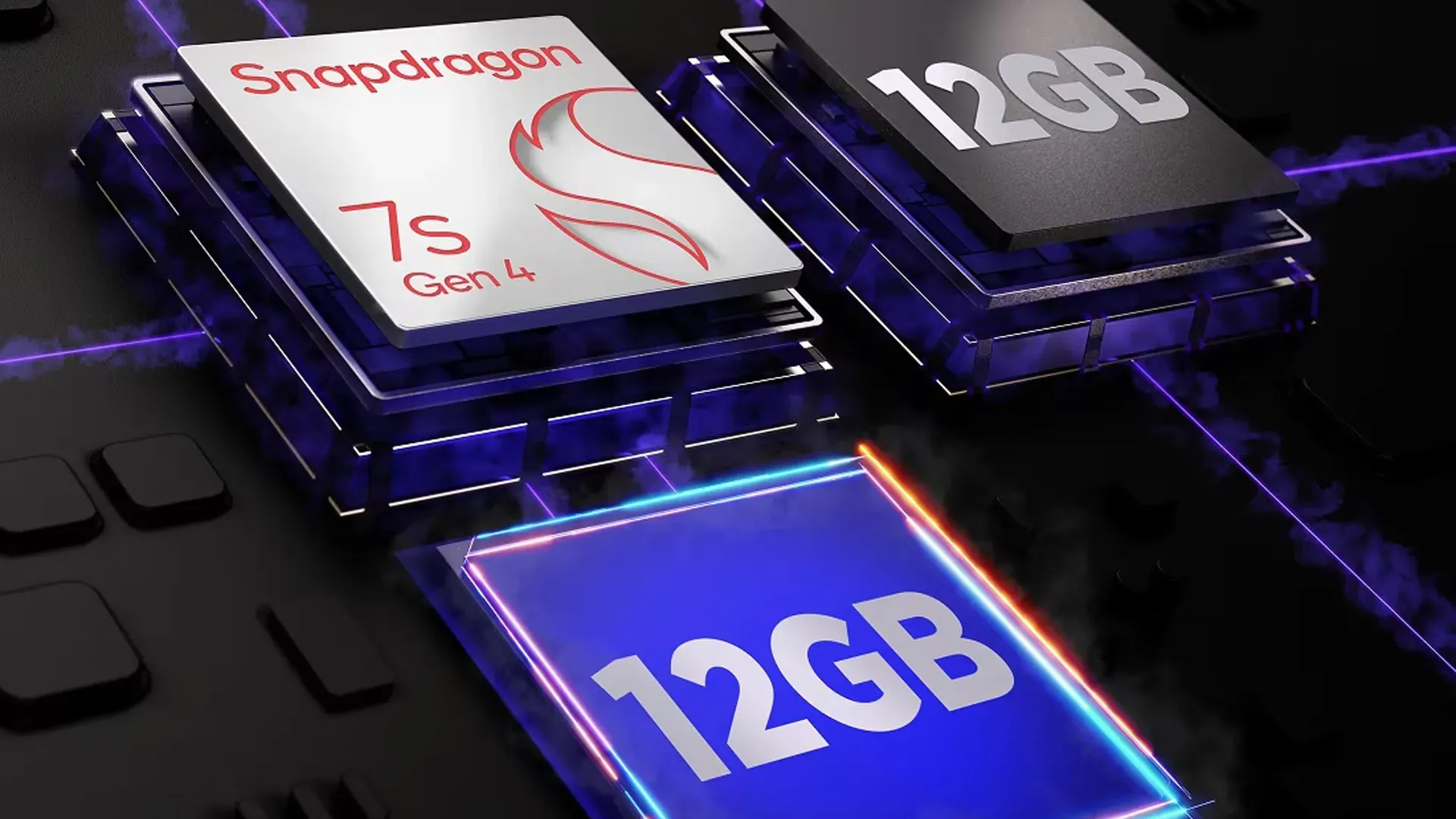 Ilustração do chip Snapdragon 7s Gen 3 com destaque para 12 GB de RAM em fundo com iluminação roxa