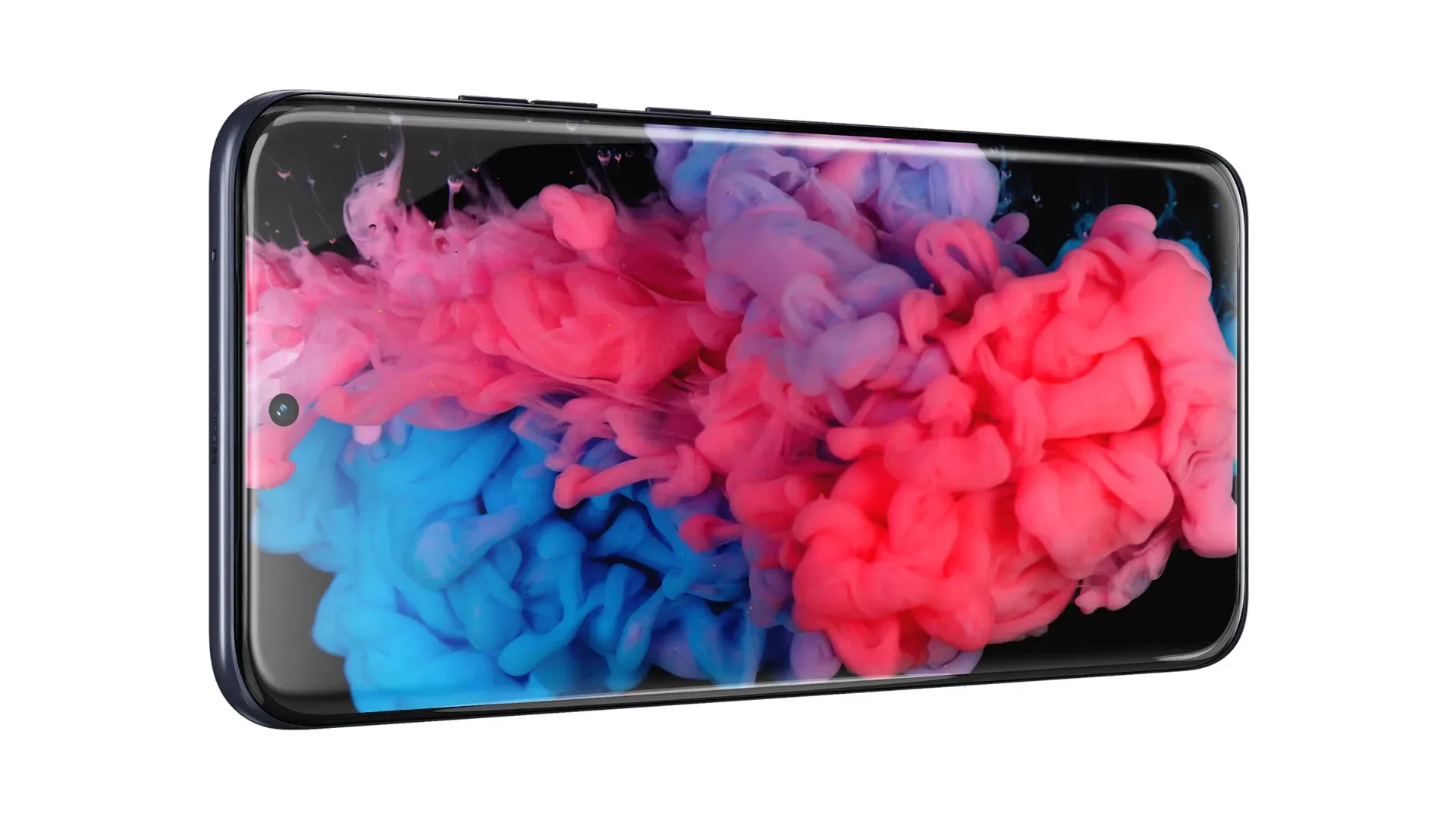 Tela do Motorola Edge 70 Fusion em posição horizontal exibindo imagem de fumaça colorida em rosa e azul com alto contraste