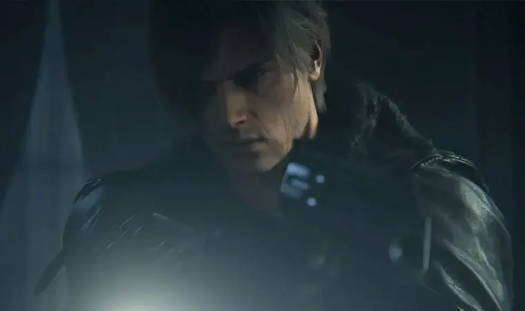 Imagem do jogo Resident Evil Requiem mostrando o protagonista Leon S. Kennedy apontando uma arma em direção à câmera.