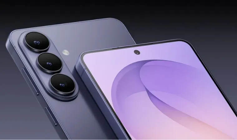 imagem de divulgação com fundo escuro mostra o design frontal do celular Samsung Galaxy S26, com destaque para o conjunto triplo de câmeras