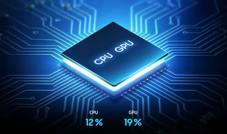 Arte ilustrativa de chip com as indicações CPU e GPU e os percentuais de melhoria de desempenho do Galaxy A37 5G