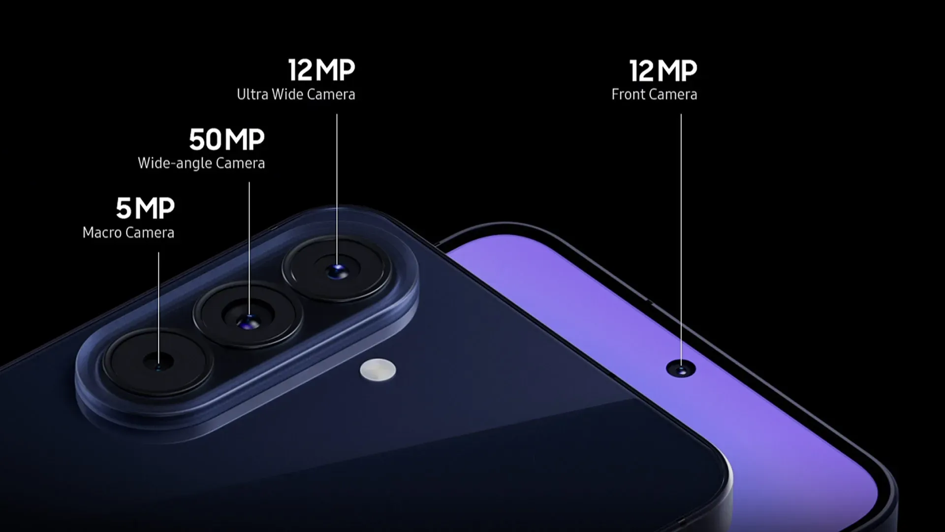 Galaxy A57 5G na cor Navy com diagrama indicando as resoluções das quatro câmeras, incluindo frontal e traseiras