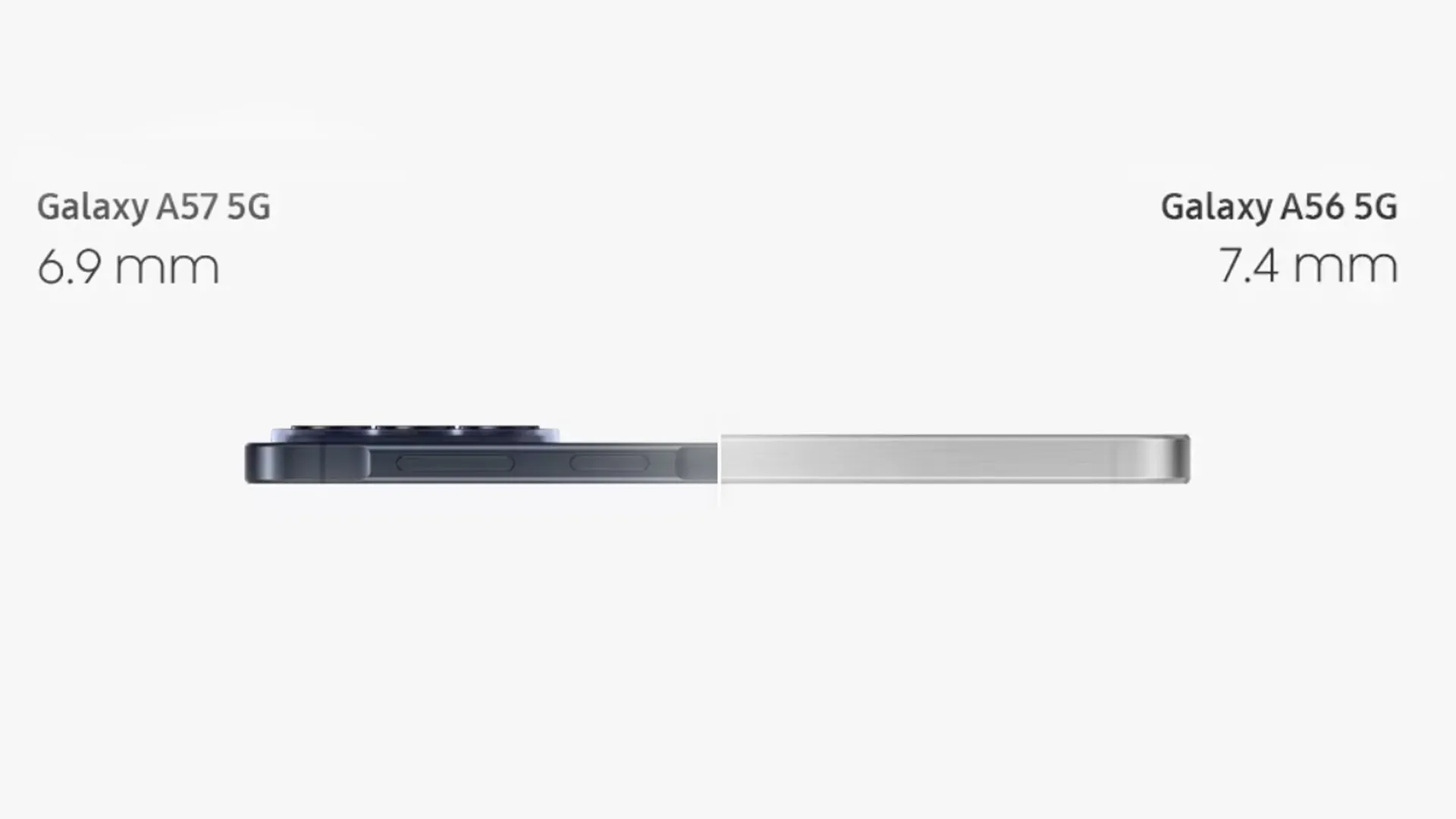 Comparativo de perfil lateral entre o Galaxy A57 5G e o Galaxy A56 5G, destacando a diferença de espessura entre os dois modelos