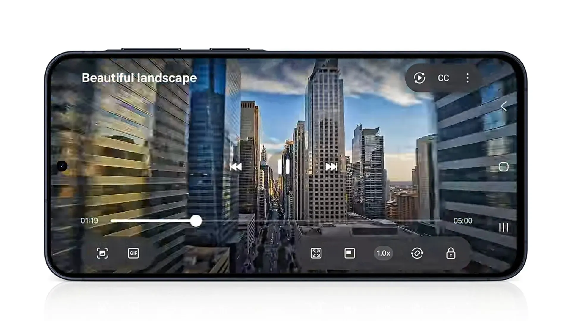 Samsung Galaxy A57 5G na horizontal reproduzindo vídeo de paisagem urbana com arranha-céus, demonstrando a qualidade do painel