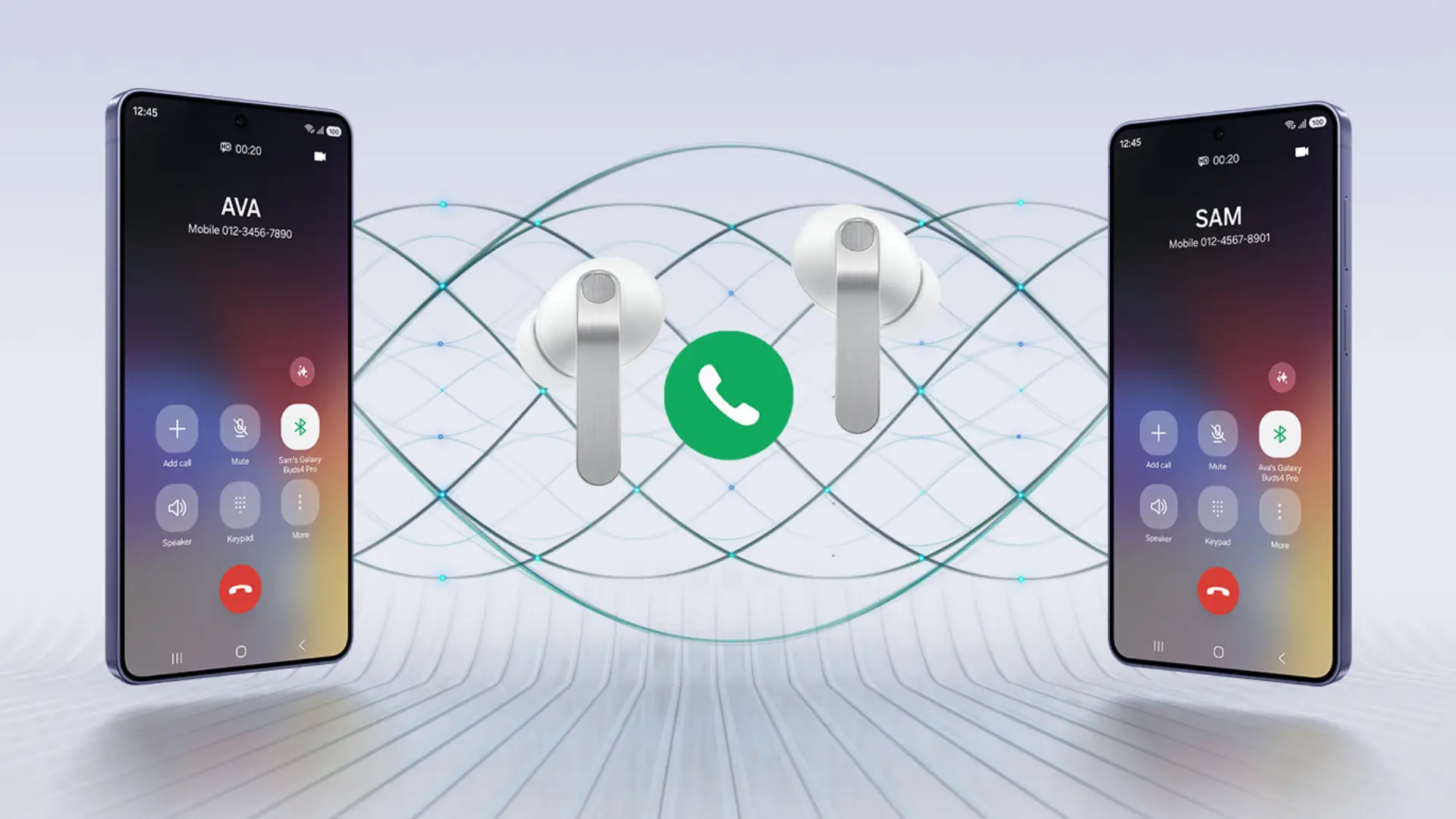 Imagem ilustrando uma chamada com o Galaxy Buds4 Pro ao centro entre dois celulares