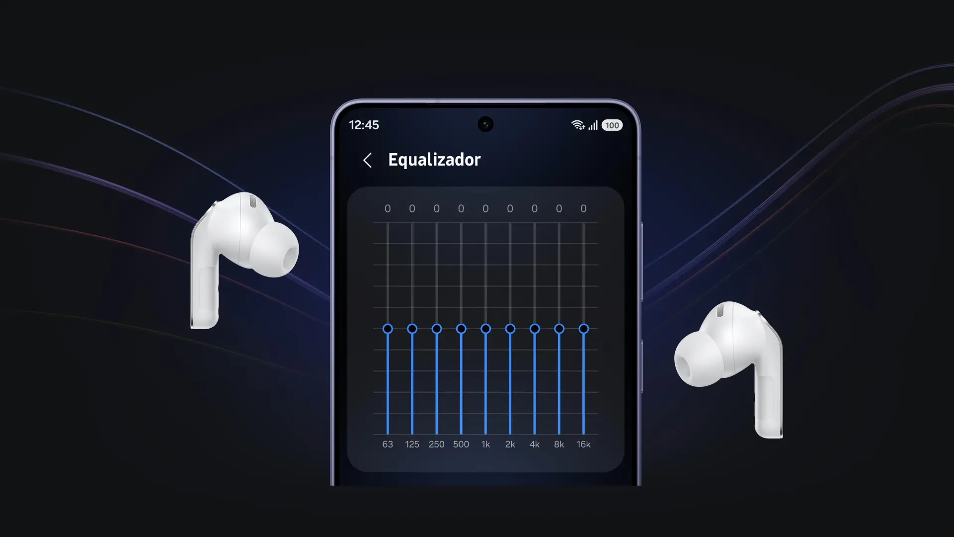Imagem com fones Galaxy Buds4 Pro e um celular entre eles exibindo o menu de um equalizador