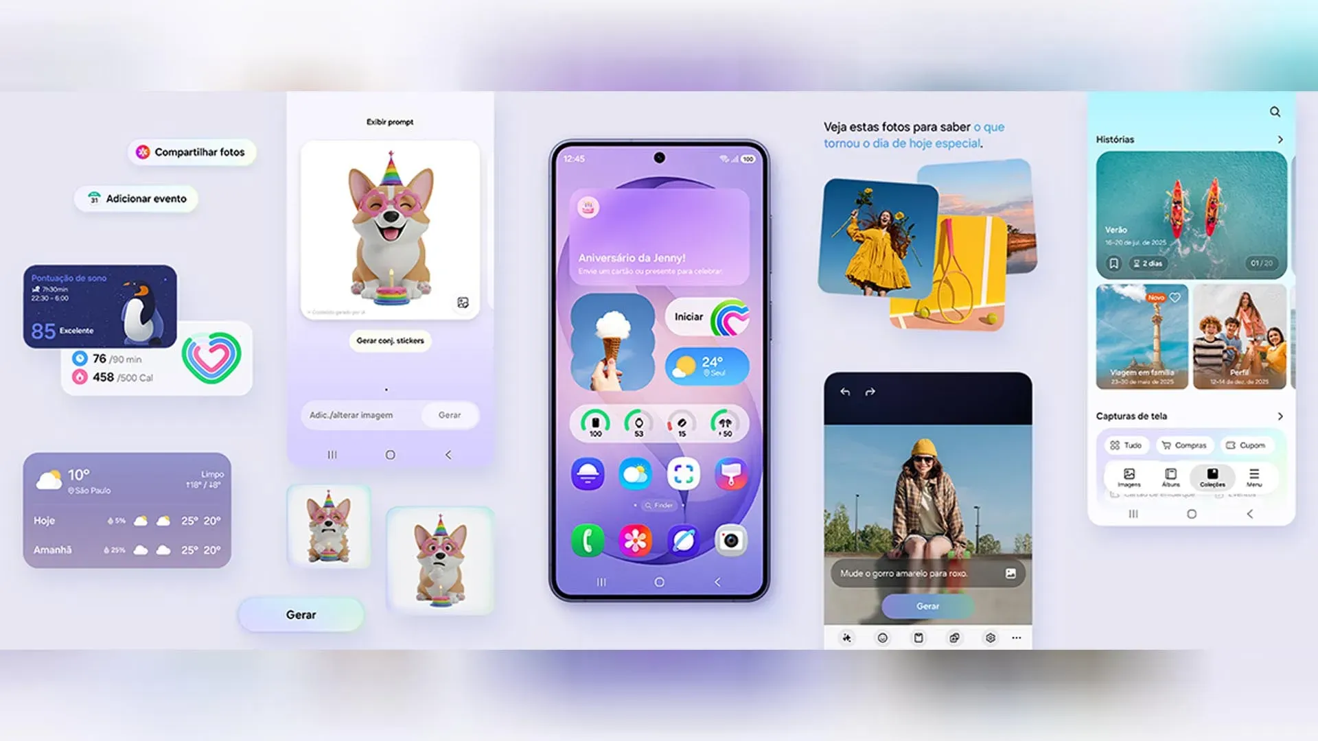 Imagem do Galaxy S26 exibindo recursos de inteligência artificial na interface da One UI