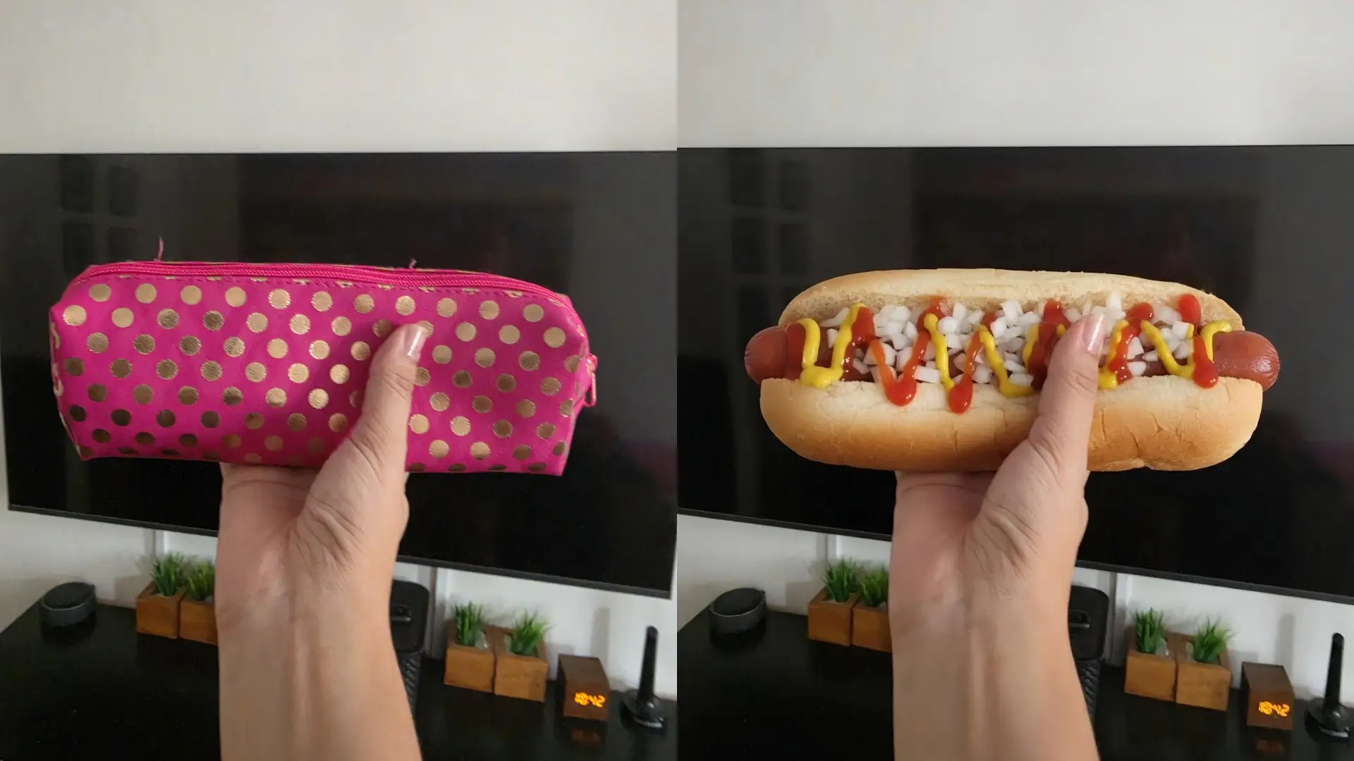 Teste de edição de imagem com IA onde à direita esta a imagem original de uma mão segurando um estojo e à esquerda com um cahorro-quente no lugar do estojo