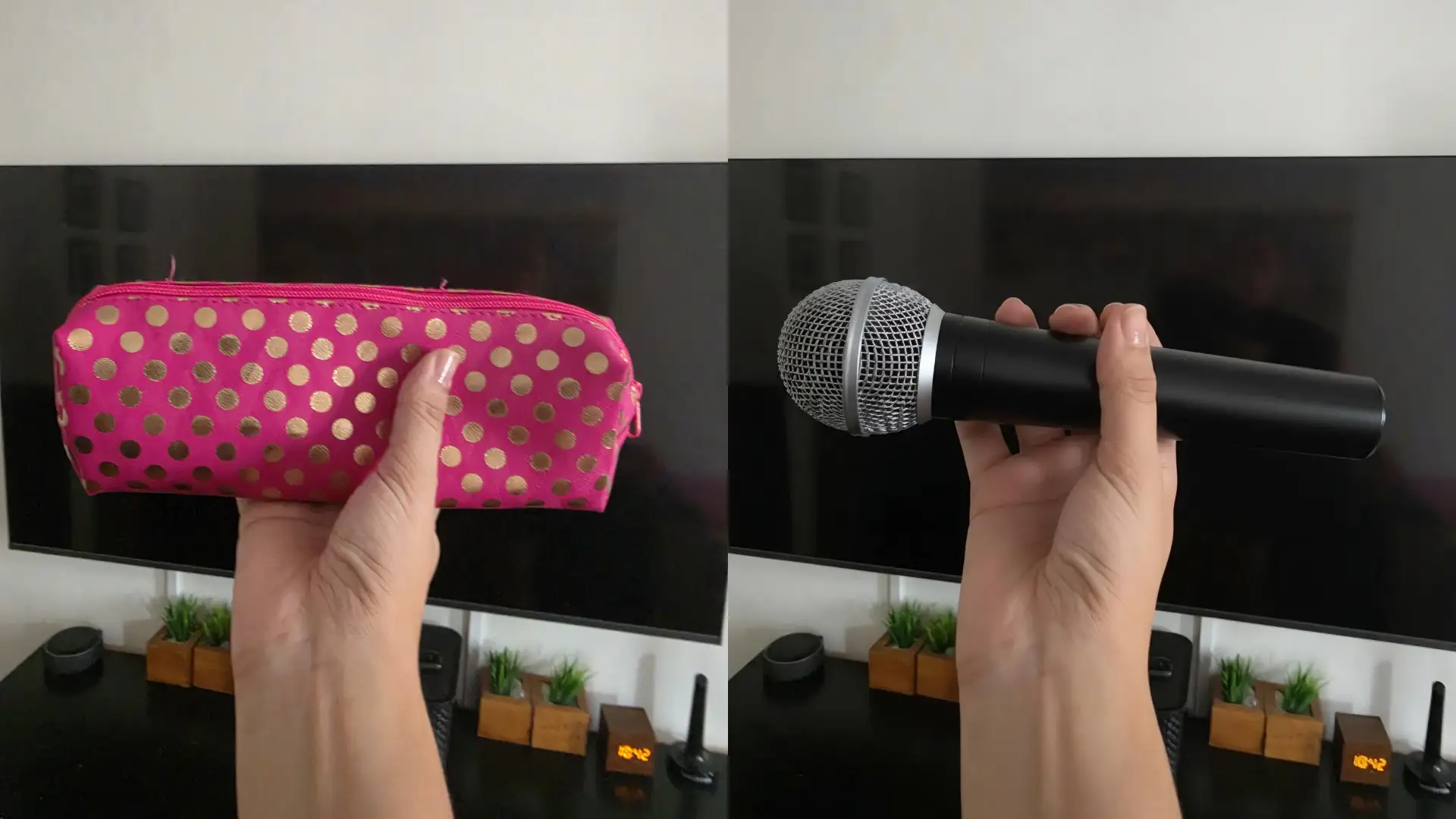 Teste de edição de imagem com IA onde à direita esta a imagem original de uma mão segurando um estojo e à esquerda com um microfone no lugar do estojo