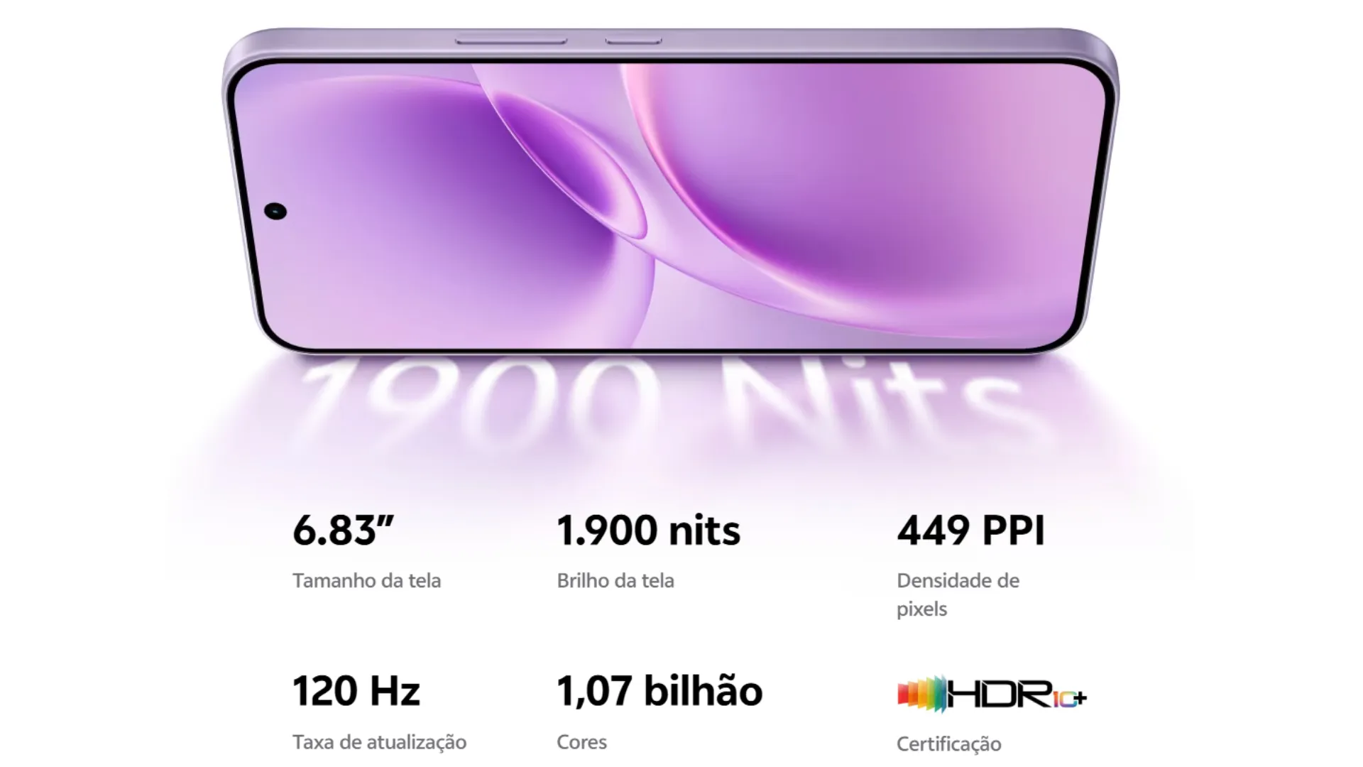 Smartphone JOVI V70 exibindo tela vibrante com especificações de brilho, taxa de atualização e cores