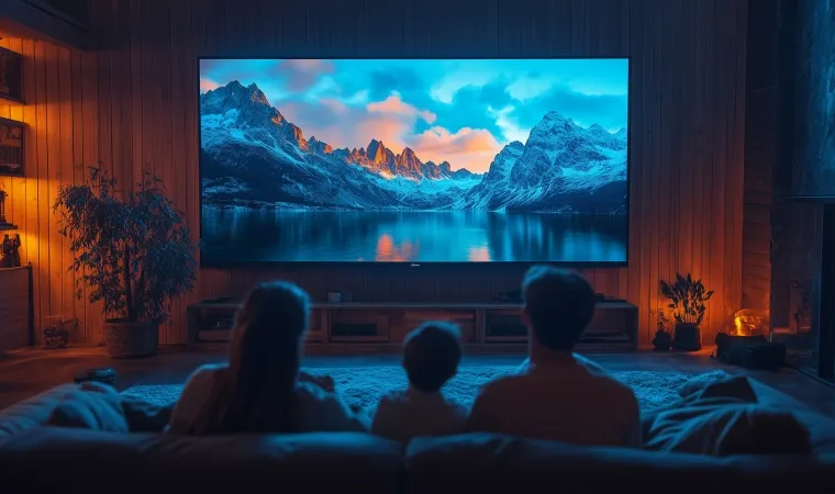 Família composta por pai, mãe e filho assiste filme em uma TV de 75 polegadas à noite, na sala de uma casa elegante.