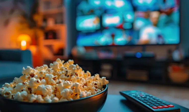 Pote de pipoca aparece em primeiro em cima de uma mesa de centro em uma sala elegante; aparelho de tv aparece desfocado ao fundo em segundo plano.