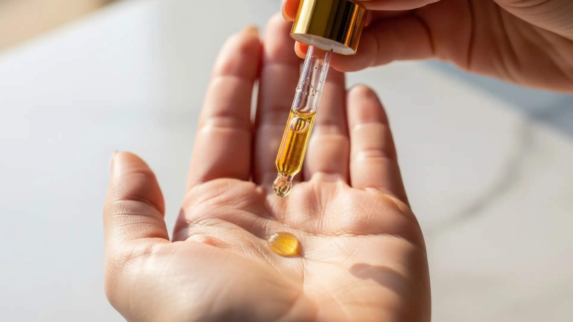 Mão feminina segura embalagem de sérum enquanto pinga gota de óleo em tons dourados exibe o cuidado de beleza.
