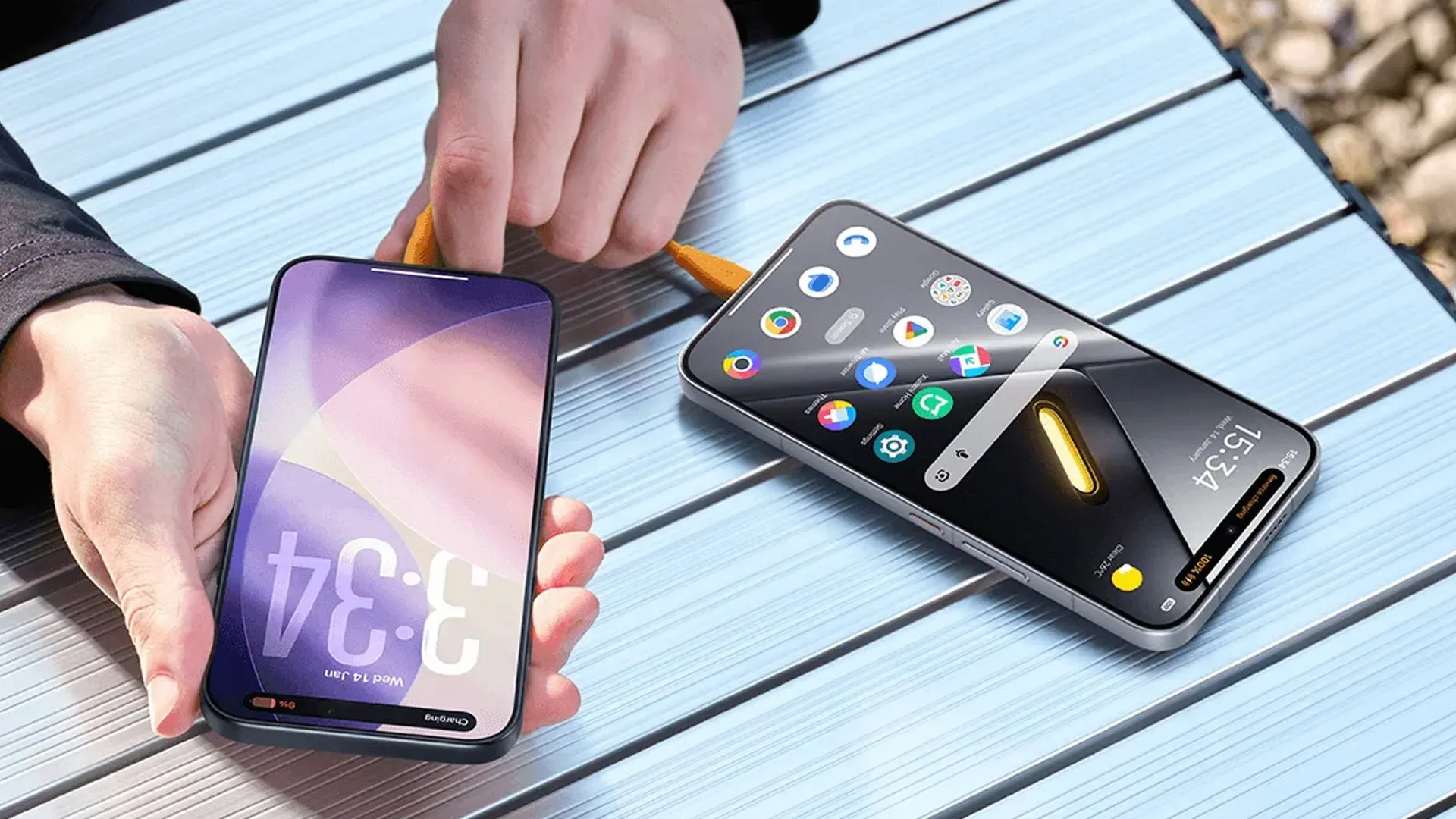 Imagem do POCO X8 Pro Max carregando outro smartphone via cabo usando a função de carregamento reverso 