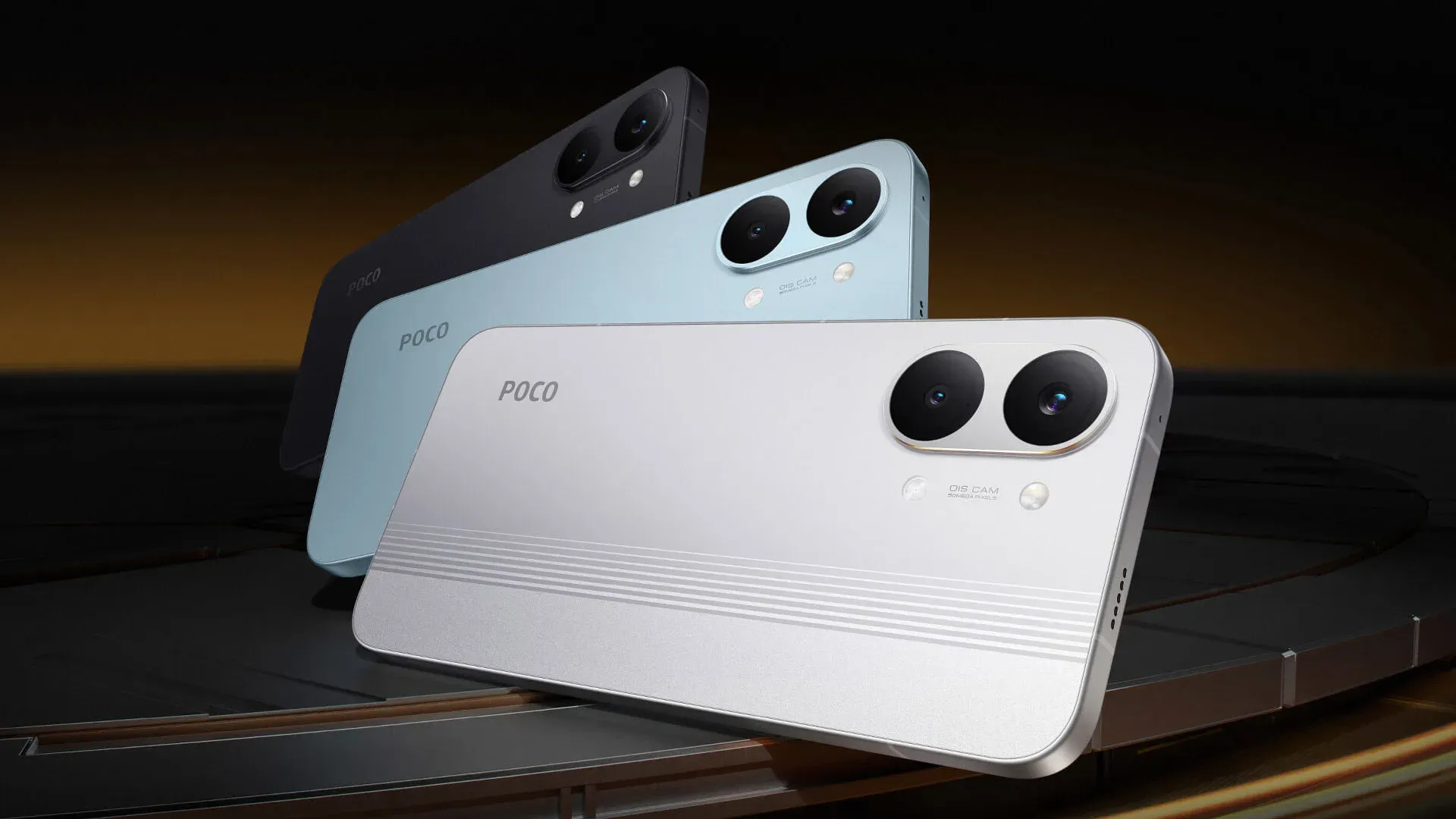 Imagem promocional do POCO X8 Pro Max nas cores branco, azul e preto exibindo o design traseiro e o módulo de câmeras 